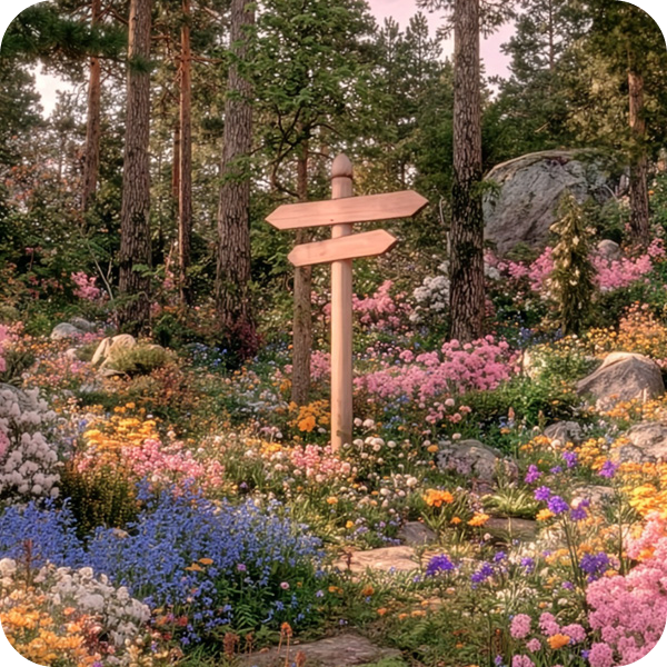Skylt av trä med två pilar i en skog omgiven av träd, berg och blommor.