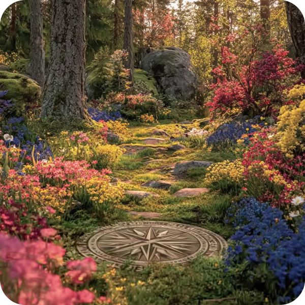 Kompass på marken i en skog med massor av blommor och träd.