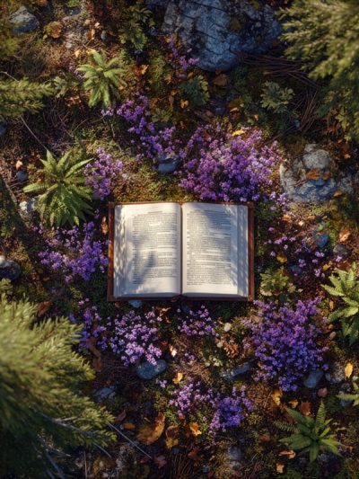 Öppen bok omgiven av blommor.