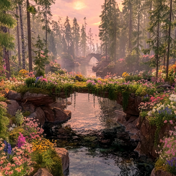 Bro av sten över en bäck omgiven av träd och färgglada blommor.