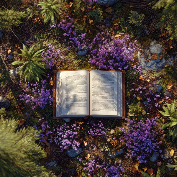 Öppen bok omgiven av lila blommor och gröna växter.