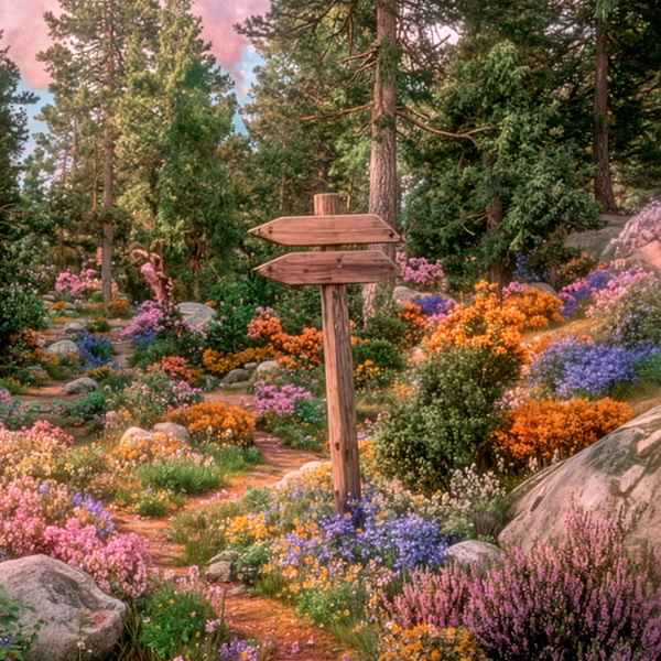 Träskylt med två pilar vid en stig i en skog full av blommor.