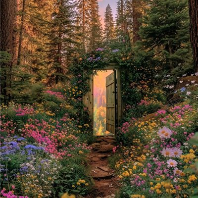 Öppen dörr i skogen omgiven av färgglada blommor.