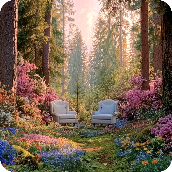 Två stolar i en skog omgiven av blommor.