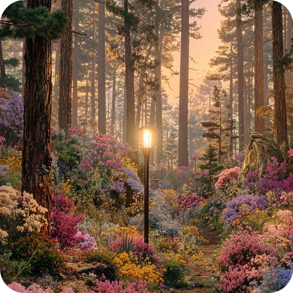 Tänd lampa i en skog omgiven av färgglada blommor.