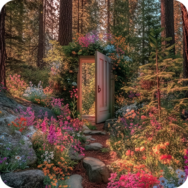 Dörr i skogen bland träd och färgglada blommor.