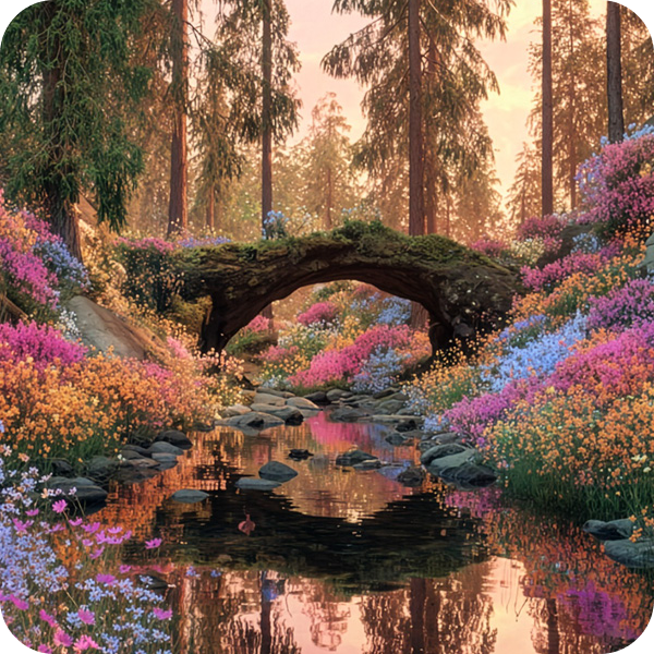 Bro av sten över en bäck omgiven av träd och blommor.