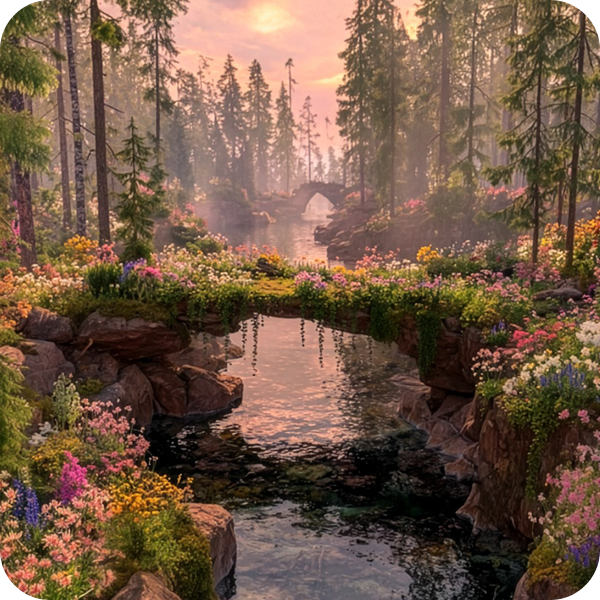 Bro av sten över en bäck omgiven av träd och färgglada blommor.