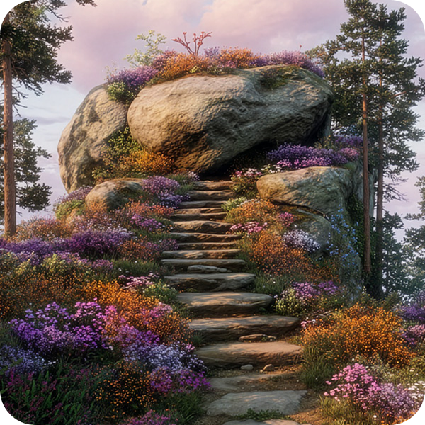 Stentrappa i en skog omgiven av blommor och träd.