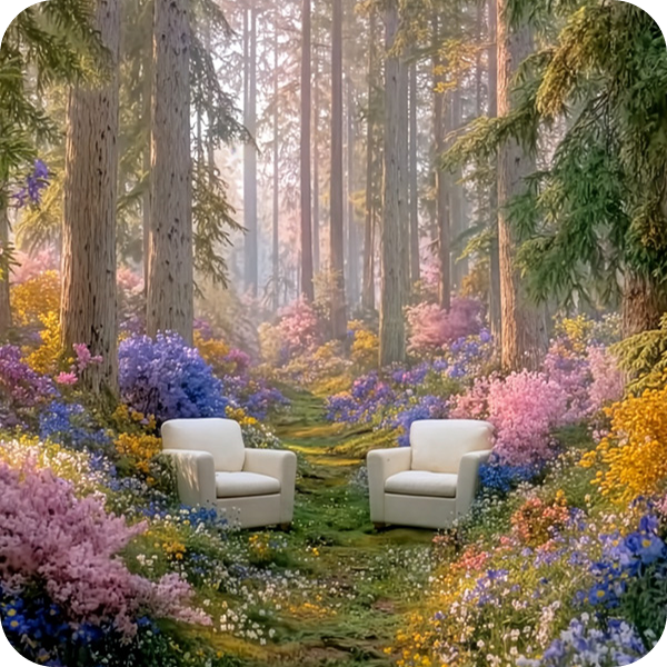 Två stolar i en skog omgiven av träd och blommor.