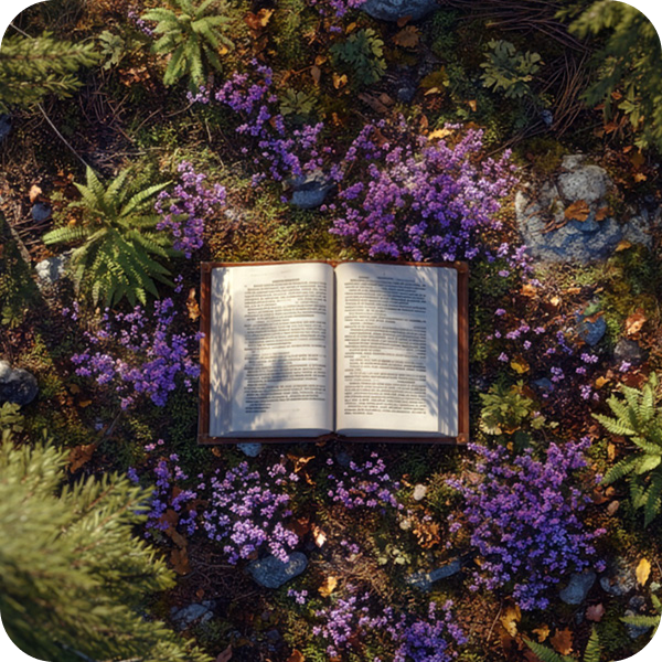 Öppen bok omgiven av lila blommor och gröna växter.