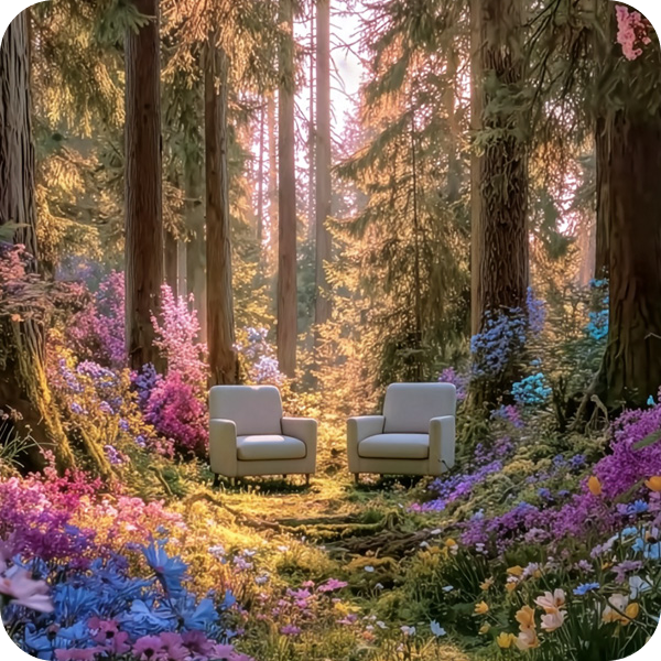 Två fåtöljer i en skog omgiven av träd och färgglada blommor.