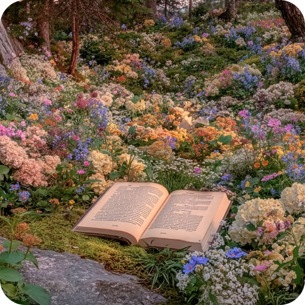 Öppen bok omgiven av färgglada blommor.