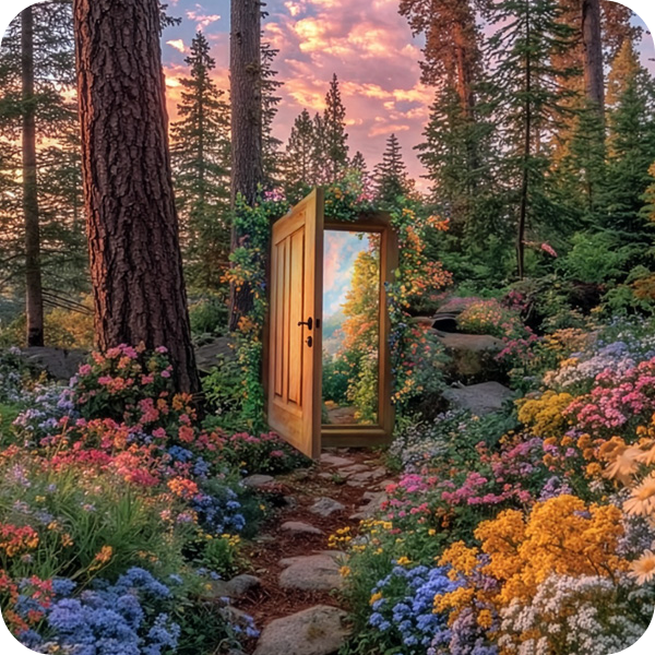 Stenstig som leder till en öppen dörr som är omgiven av färgglada blommor.