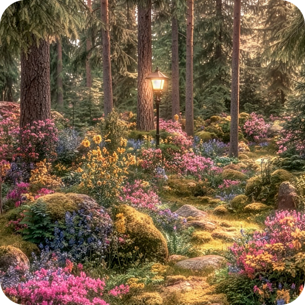 Tänd lampa i en skog omgiven av träd, stenar och blommor.
