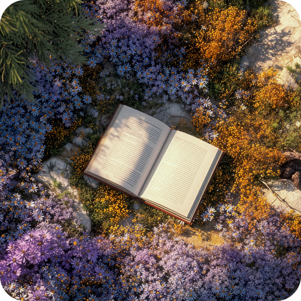 Öppen bok omgiven av blommor och stenar.