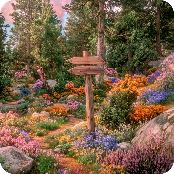 Träskylt med två pilar vid en stig i en skog full av blommor.