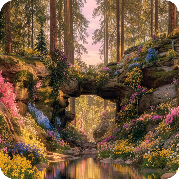 Bro över en bäck omgiven av träd och färgglada blommor.